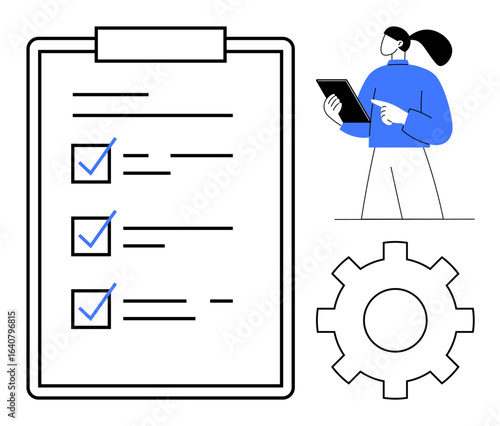 Large checklist with completed tasks, person reviewing tablet, gear. Ideal for planning, organization, checklist completion, workflow management, automation, teamwork simple landing page