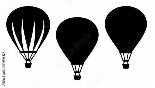 Three hot air balloons in black silhouette against a white background with varying balloon designs shown