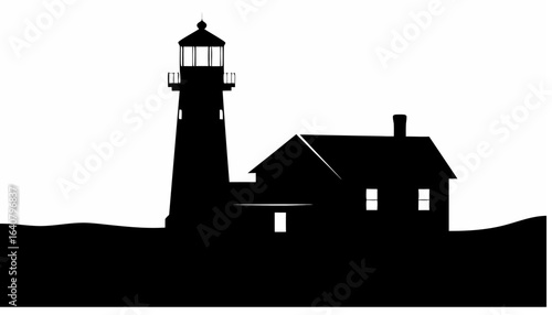 Silhouette of a lighthouse with an adjacent building against a plain white background in black and white style