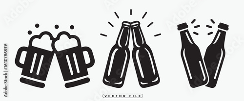Black and white vector illustrations of beer glasses and bottles cheering