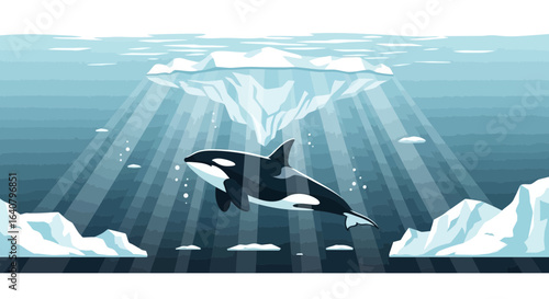 Illustrative Arctic Scene: A Majestic Orca Navigates Icebergs and Sunbeams