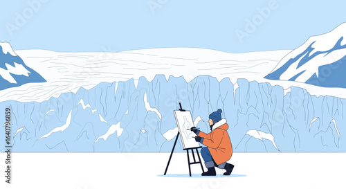 Illustrative Artist Capturing Scenic Landscape on Canvas Amidst Glacial Terrain