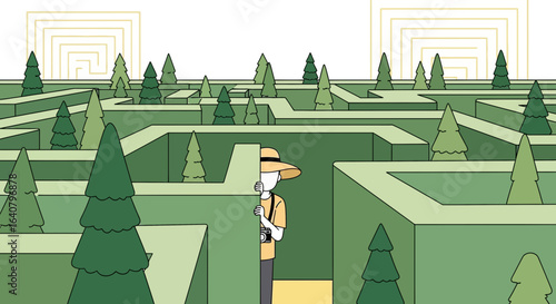 Lost Tourist Exploring Green Maze of Trees Cartoon Illustration Isolated