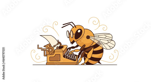 Illustrative composition featuring a bee character typing on a vintage typewriter