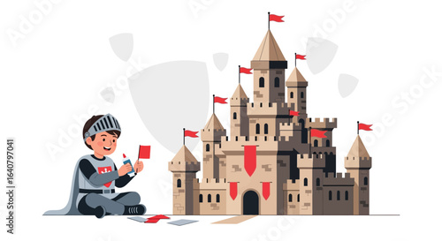 Illustrative depiction of a boy dressed as a knight constructing a castle model at home