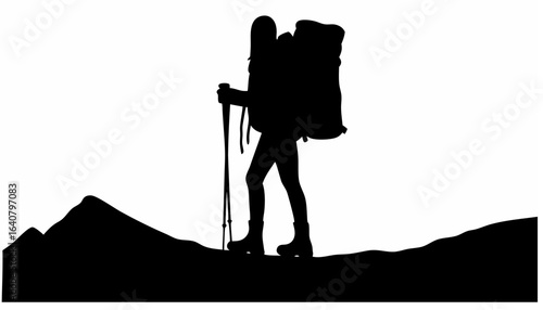 Silhouette of a hiker with backpack and trekking poles standing on a mountain ridge against white background