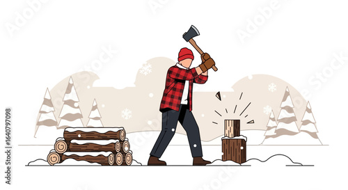 Lumberjack chopping wood in a snowy forest, showcasing outdoor activity and winter scenes, emphasizing the skill and tradition of woodcutting