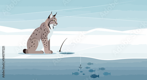 Lynx Ice Fishing In Winter Scene With Fish Swimming Underneath The Ice