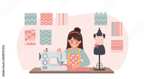 Illustrative depiction of a seamstress using a sewing machine in her studio design