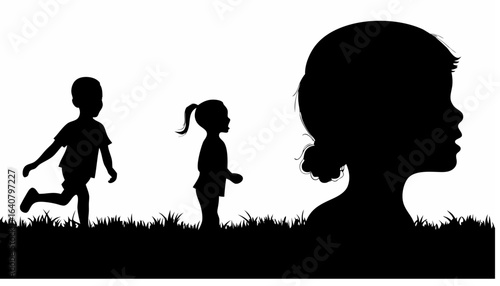 Silhouette illustration showing children playing in a field with a large head silhouette to the side