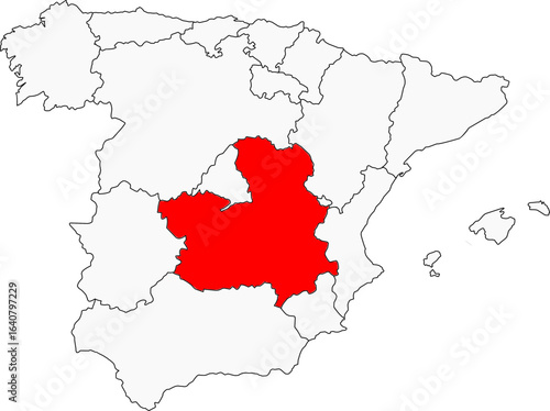 Map of Spain highlighting the autonomous community of Castile-La Mancha. Ideal for projects on Spanish literature, agriculture, wine, or the iconic windmills