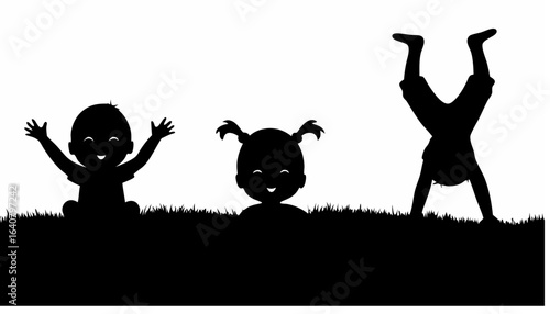 Silhouette of three children playing in grass with one doing a handstand on a white background outdoors