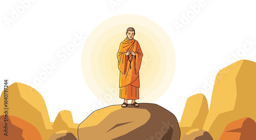 Monk Meditating On a Rock Formation Serene Peaceful And Seeking Spiritual Enlightenment