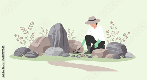 Illustrative depiction of a serene rock garden construction with tranquil atmosphere