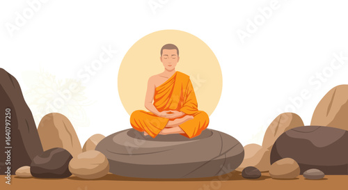 Monk Meditating Peacefully Against Radiant Background in Natural Rock Setting