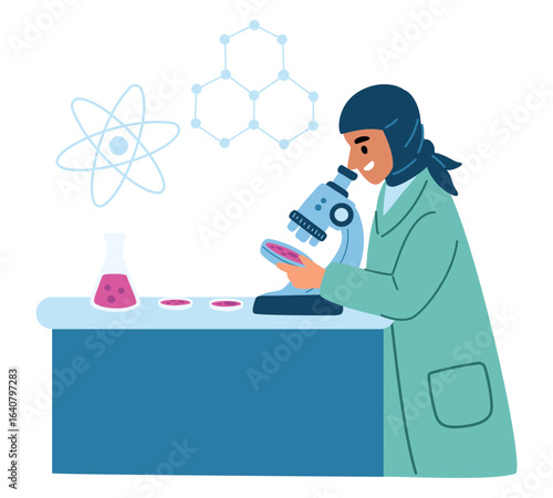 Arab woman scientist looks through microscope. Muslim female works in medical lab. Scientific experiment. Chemist in hijab doing chemical research. Laboratory beaker. Vector concept