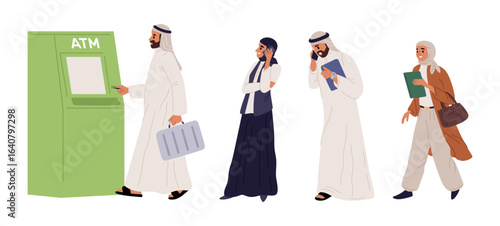Arab men and women in traditional Muslim dress queue up to withdraw cash from ATM. Banking terminal. Withdrawing money. Electronic cashpoint. People standing in row. Vector concept