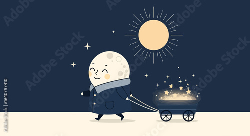 Moon Character Pulling Wagon With Stars During The Evening Illustration