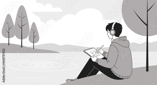 Monochrome illustration of a young man sketching by the lake with headphones on