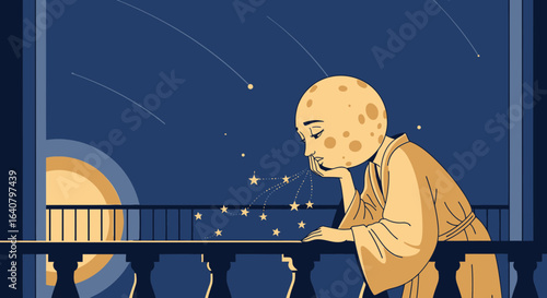 Moonlit Reverie Contemplation of Celestial Being Amidst Falling Stars at Night