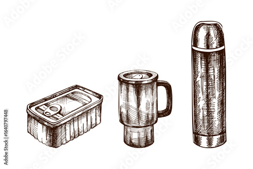 Hand drawn vintage sketch of canned food, travel mug and thermos in rustic engraved style for camping design