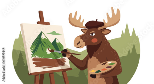 Moose Artist Creates Landscape Painting With Palette On Canvas Outdoor