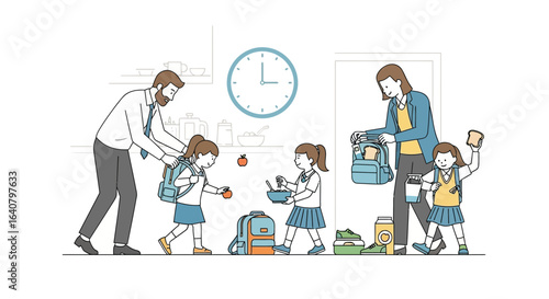 Morning School Preparations: A Busy Family Routine Illustrated with Vector Graphics