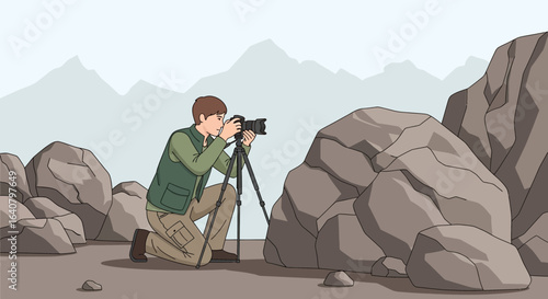 Illustrative image of a photographer capturing a rocky mountain landscape with camera on a tripod capturing nature's artistry