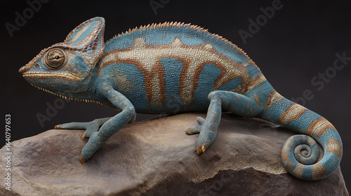 Funny blue Chameleon art on rock animal portrait reptile wildlife close up