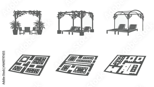 Various garden structures including pergolas and garden layouts in a graphic representation