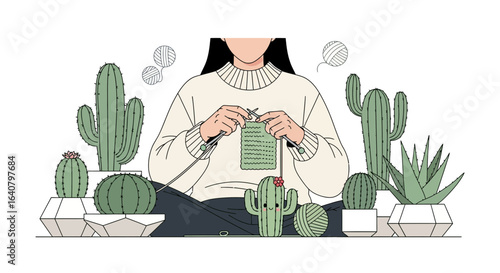 Illustrative knitting scene with a faceless woman surrounded by various cacti