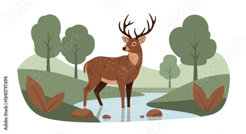 Majestic Deer Standing In A Stream Flat Vector Illustration Scene
