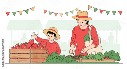 Mother and son shopping for fresh produce at a vibrant farmers market with colorful decorations and diverse fruits