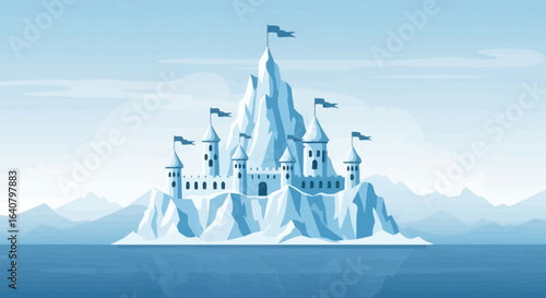 Majestic ice castle illustration with flags against blue skies and water background