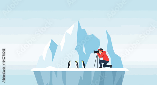 Illustrative scene of a photographer capturing penguins on an iceberg with camera
