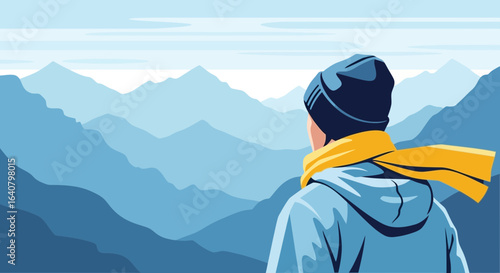 Mountain Gaze Man Admiring The Scenery Majestic Blue Peak In Winter Season