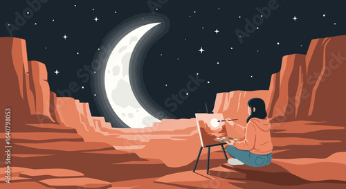 Illustrative scene of a woman painting a desert landscape under a giant moonlit sky