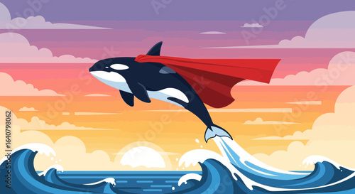 Majestic Orca Leaping From Sea Wearing Superhero Cape During Sunset