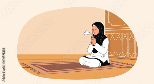 Muslim woman in hijab praying on a mat, seeking guidance and spiritual connection in serene contemplation and devotion during prayer session