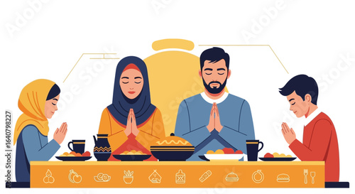 Muslim Family Praying Before Meal Enjoying Traditional Iftar During Ramadan