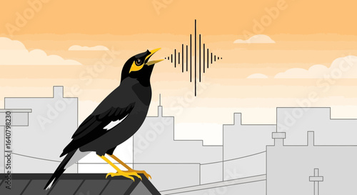 Myna bird perched atop a building emitting sound waves in a cityscape setting