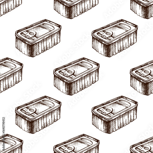 Hand drawn vintage seamless pattern of canned food tin in rustic engraved style for kitchen and packaging design