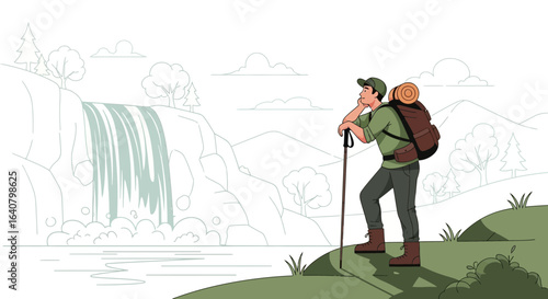 Man Adventurer Contemplates The Waterfall Scenery On Mountain Trail During Hike