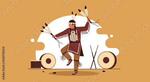 Native American dancer in traditional regalia performs a ceremonial dance with drums