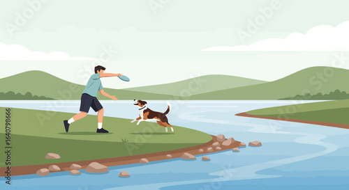 Man And Dog Playing Fetch With Flying Disc Outdoors Near A Calm River