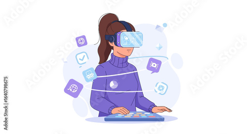 Immersive Digital Experience Woman Navigating Virtual Reality With Modern Headset Interface