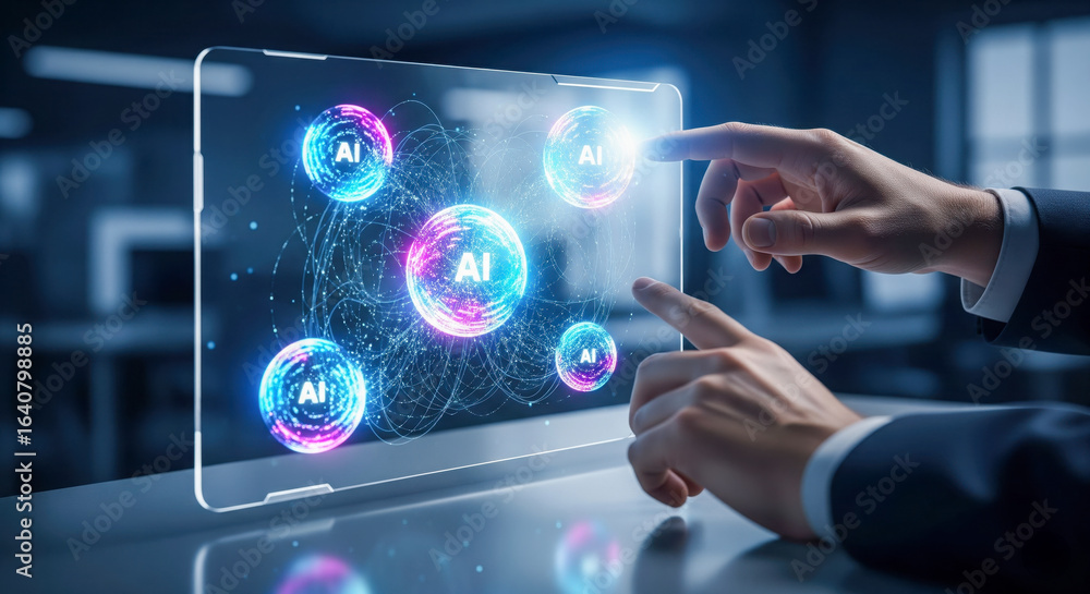 Fototapeta premium Artificial intelligence technology concept with hands touching futuristic screen, business innovation theme showing multiple ai icons for machine learning and neural network