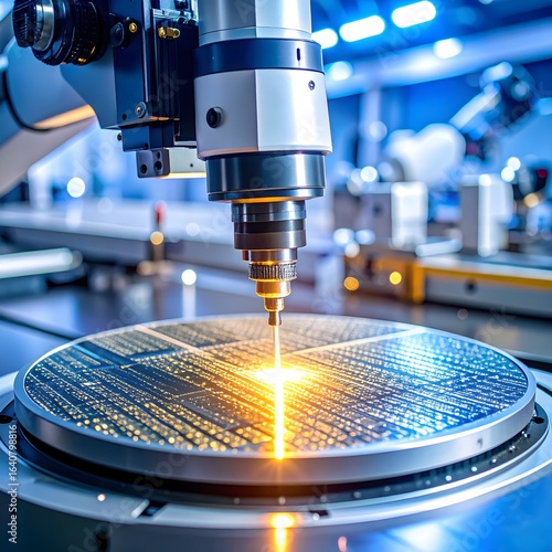 Precision laser cutting of a microchip on a silicon wafer by an automated robotic arm in a futuristic high-tech factory environment.