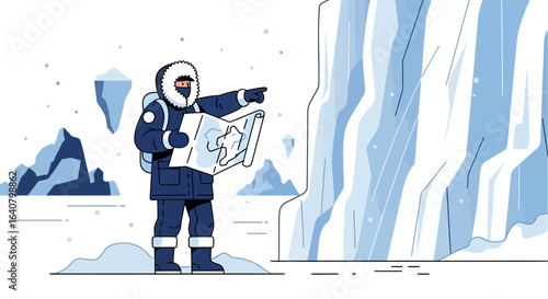 Navigating the Arctic Wilderness: An Explorer's Journey with Map in Hand amidst Glacier