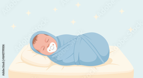 Newborn Comfort Illustration Wrapped in Blue Swaddle Sleeps Peacefully on Bed